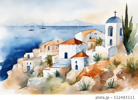 ギリシャの海の白壁の景色の挿し絵風イラスト 1のイラスト素材
