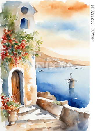 ギリシャの海の白壁の景色の挿し絵風イラスト 3のイラスト素材