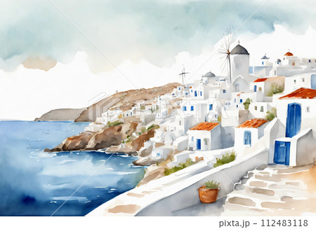 ギリシャの海の白壁の景色の挿し絵風イラスト 7のイラスト素材