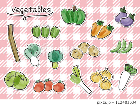 手描き水彩の可愛い野菜のセット_背景ギンガムチェック柄 手描き水彩の可愛い野菜のセット_背景ギンガムチェック柄 112483634