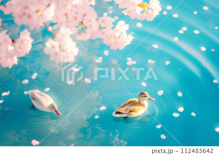 桜の花と鴨が泳ぐ風景 112483642