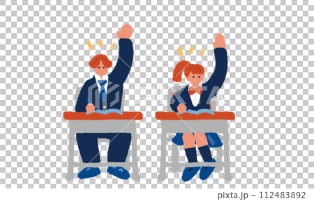 Simple and flat illustration of students in uniform raising their hands 112483892