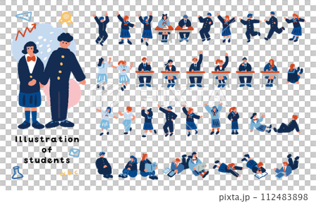 國中生和高中生的圖像插圖。一組穿著校服的學生的簡單平面插圖。 112483898