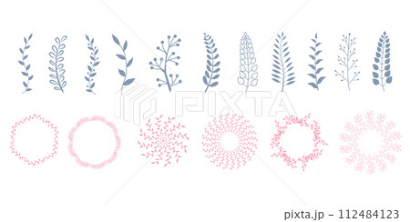 Set wreaths and laurel.Hand painted green branches, leaves, leaf, petal decor elements 112484123