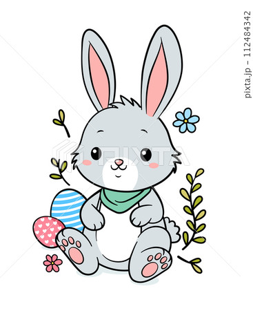 Cute Easter Bunny With Scarf And Eggs 112484342