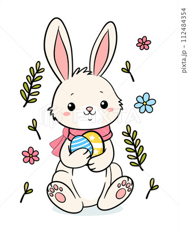 Cute Hand Drawn Easter Bunny With Two Eggs 112484354