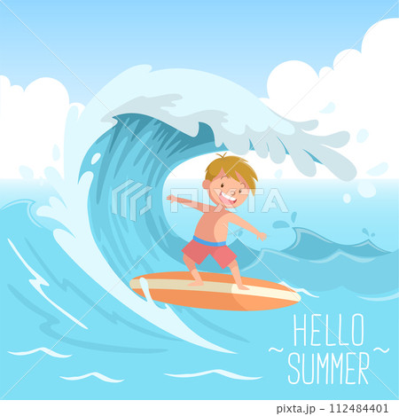 cute kid surfing on big wave hello summer cute kid surfing on big wave hello summer 112484401
