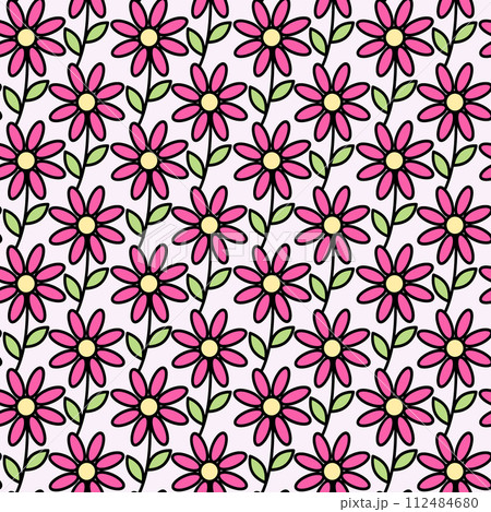 Seamless pattern of abstract colorful blooming flowers in trendy marker shades. Background texture 112484680