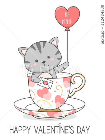 Cute Cat In A Cup Holding Love Letter And Balloon Valentines Day 112484839