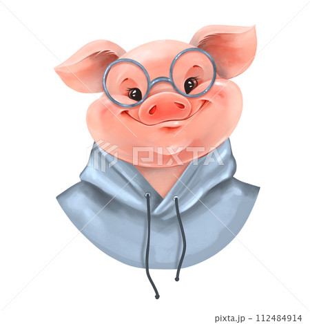 Cute pig in glasses and hoody. Piglet illustration Cute pig in glasses and hoody. Piglet illustration 112484914