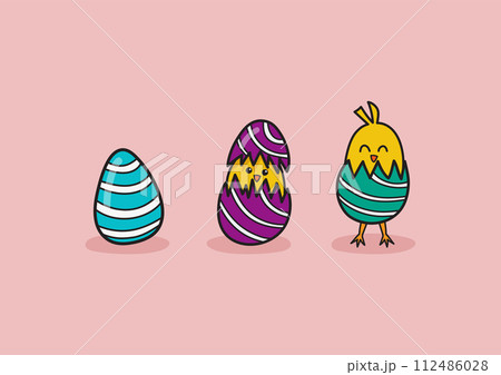 Doodle style of chicken cracking from easter egg Doodle style of chicken cracking from easter egg 112486028