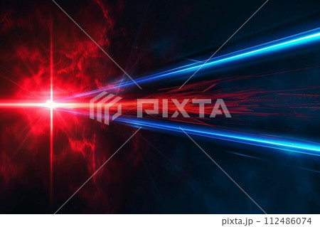 Black background with red and blue neon laser lines, futuristic style, with soft sunlight render. generative ai 112486074