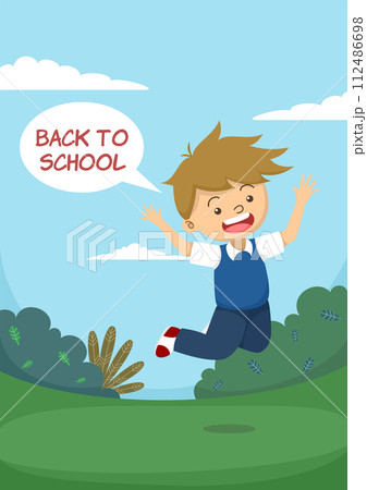 cute boy jumping happily with back to school speech bubble 112486698