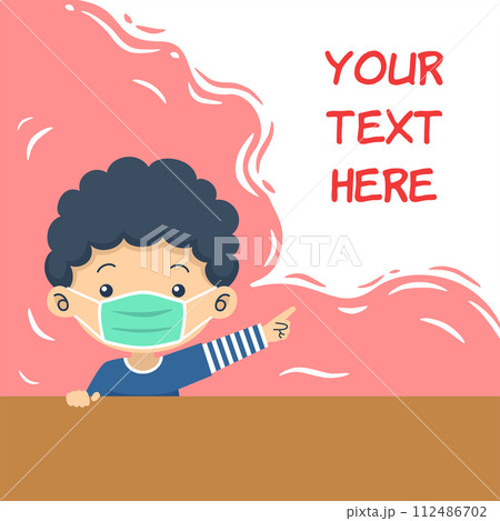 cute boy wearing mask pointing speech bubble 112486702