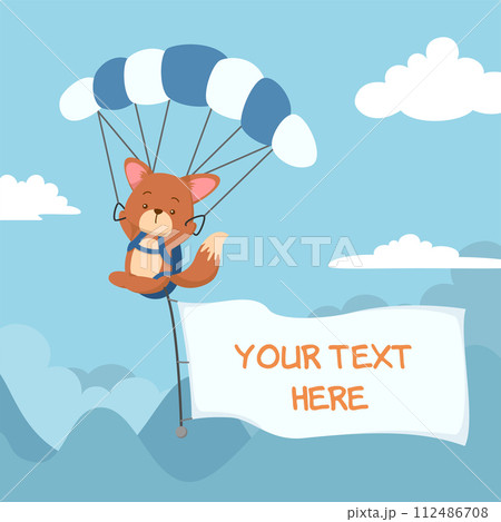 cute cartoon fox flying with parachute and flag 112486708
