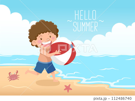 cute boy with beach ball at the beach hello summer 112486740