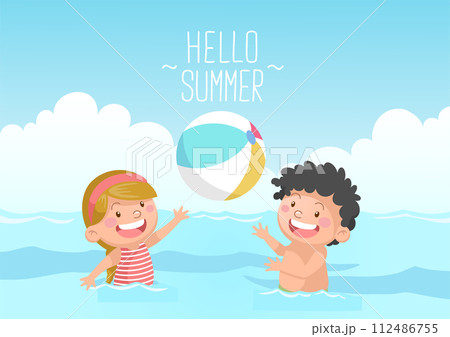 cute kids playing beach ball hello summer 112486755