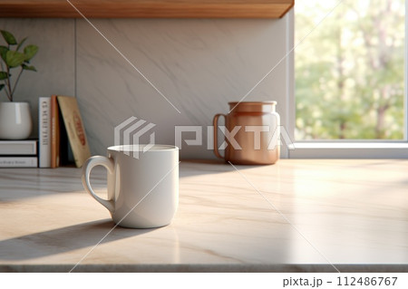 a white cup of coffee for mockup and some bakery on a table. generative ai a white cup of coffee for mockup and some bakery on a table. generative ai 112486767