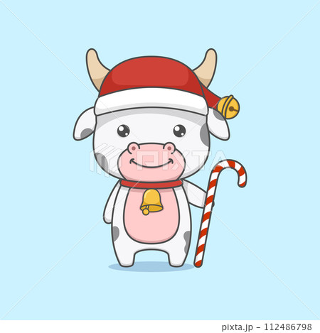 Cute Christmas Cow Holding Candy Cane 112486798