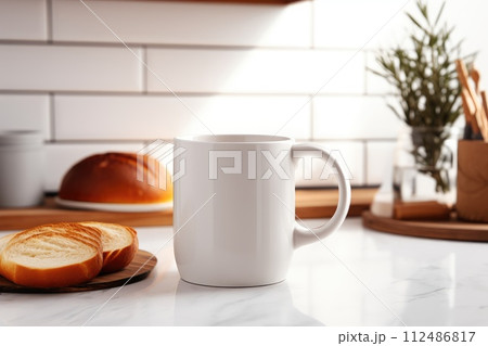 a white cup of coffee for mockup and some bakery on a table. generative ai 112486817