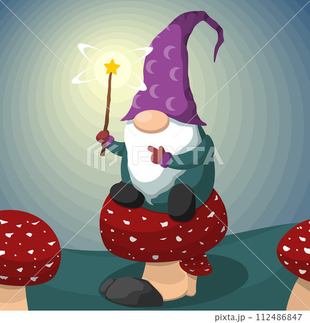Cute Cartoon Gnome On Mushroom Holding Magic Wand 112486847