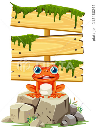 Happy Frog Under Wooden Sign Happy Frog Under Wooden Sign 112488242