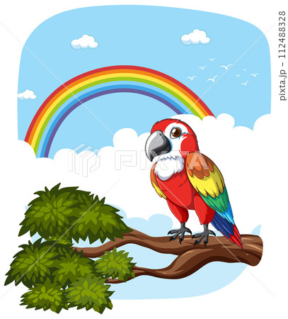 Colorful Parrot on Branch with Rainbow Colorful Parrot on Branch with Rainbow 112488328