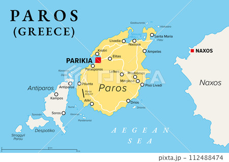 Paros, Greek island, political map. Island of Greece in the Aegean Sea, west of Naxos, and part of the Cyclades. With the islands Antiparos, Despotiko and Stroggyli in the west. Illustration. Vector. 112488474