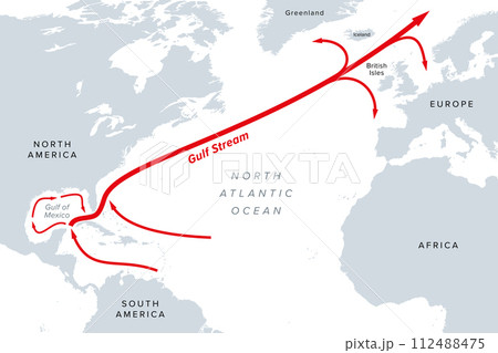 Gulf Stream, gray political map. A warm and swift Atlantic Ocean current, originating in the Gulf of Mexico, flowing through the Straits of Florida up the coastlines of the United States and Canada. Gulf Stream, gray political map. A warm and swift Atlantic Ocean current, originating in the Gulf of Mexico, flowing through the Straits of Florida up the coastlines of the United States and Canada. 112488475