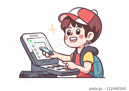 セルフレジでタッチ決済を行う男性 112488568