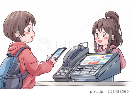 セルフレジでタッチ決済を行う女性 112488569