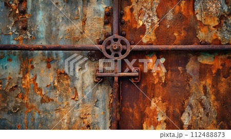 A rusted metal door with a rusty lock A rusted metal door with a rusty lock 112488873
