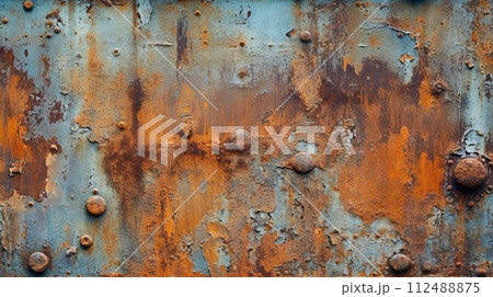 A rusted metal surface with lots of rivets 112488875