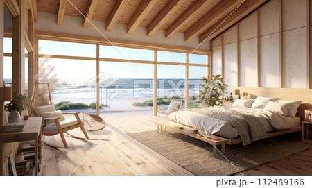 A bedroom with a view of the ocean 112489166