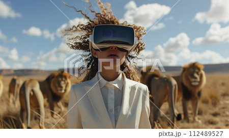 Woman In VR Headset Experiencing Virtual Safari Adventure, Lions In Background, AI Generated 112489527