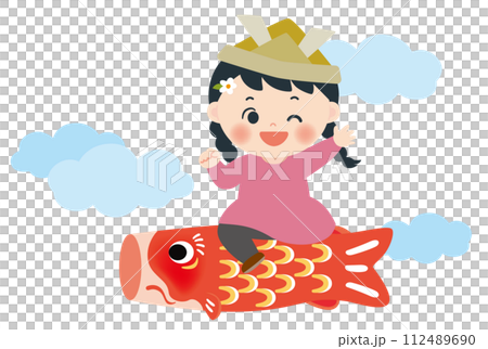 Illustration of a girl riding a carp streamer, white background 112489690