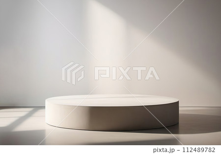 Round Podium for Cosmetic, Soap, Items Presentation. Abstract Minimal Geometric Pedestal. Cylinder One Form, Soft Shadow. Scene to Show Product, Object. Showcase, Display Case. Stand. Gray Backdrop Round Podium for Cosmetic, Soap, Items Presentation. Abstract Minimal Geometric Pedestal. Cylinder One Form, Soft Shadow. Scene to Show Product, Object. Showcase, Display Case. Stand. Gray Backdrop 112489782