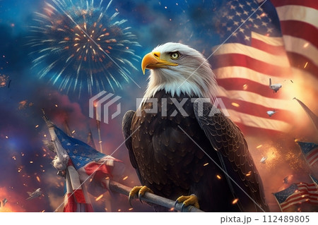A bald eagle sitting on top of a pole next to an American flag 112489805