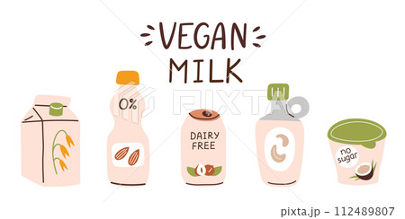Vegan milk collection, milk alternatives with almond, coconut, oat, set of bottles, packs with plant based beverages, cashew drink icon, vector illustrations of natural non diary food with lettering 112489807