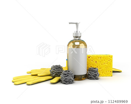 set of utensils for washing dishes 3d render on white set of utensils for washing dishes 3d render on white 112489969