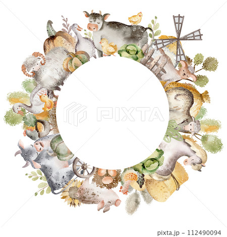Farm animals card. Watercolor border with cute cow, horse and pig for birthday invite. Frame template for child card. Cartoon pet characters. 112490094