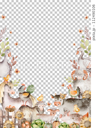 Farm animals card. Watercolor border with cute cow, horse and pig for birthday invite. Frame template for child card. Cartoon pet characters. Farm animals card. Watercolor border with cute cow, horse and pig for birthday invite. Frame template for child card. Cartoon pet characters. 112490106