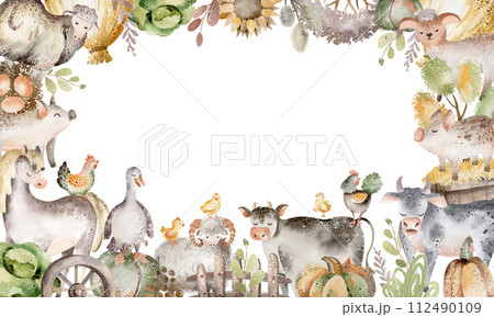 Farm animals card. Watercolor border with cute cow, horse and pig for birthday invite. Frame template for child card. Cartoon pet characters. 112490109