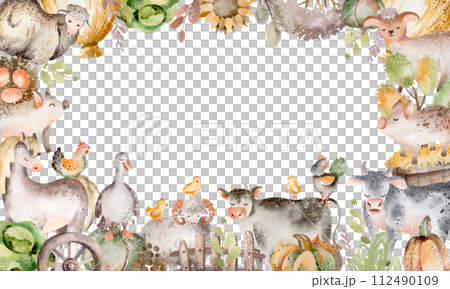 Farm animals card. Watercolor border with cute cow, horse and pig for birthday invite. Frame template for child card. Cartoon pet characters. 112490109