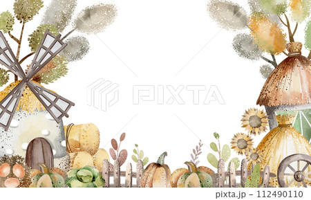 Template nature card. Watercolor frame forest with trees for birthday invite. Jungle background for child invite. Farm design farmland. Template nature card. Watercolor frame forest with trees for birthday invite. Jungle background for child invite. Farm design farmland. 112490110