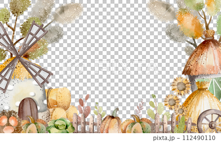 Template nature card. Watercolor frame forest with trees for birthday invite. Jungle background for child invite. Farm design farmland. Template nature card. Watercolor frame forest with trees for birthday invite. Jungle background for child invite. Farm design farmland. 112490110