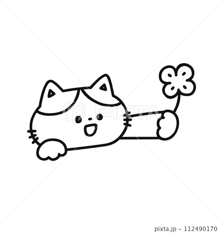 四つ葉のクローバーを持ったかわいい猫・線画 112490170