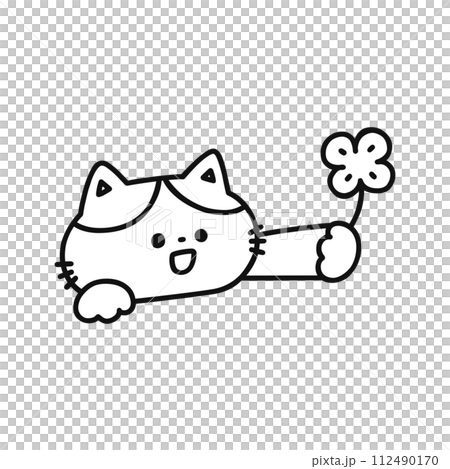 四つ葉のクローバーを持ったかわいい猫・線画 112490170