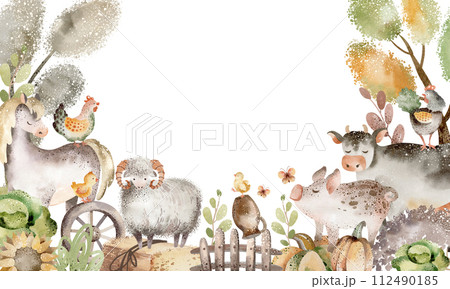 Farm animals card. Watercolor border with cute cow, horse and pig for birthday invite. Frame template for child card. Cartoon pet characters. 112490185