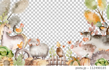 Farm animals card. Watercolor border with cute cow, horse and pig for birthday invite. Frame template for child card. Cartoon pet characters. 112490185